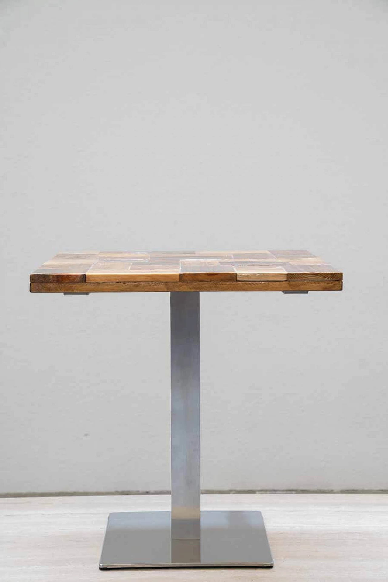 Square aluminum, iron and spruce table, 2000s 3