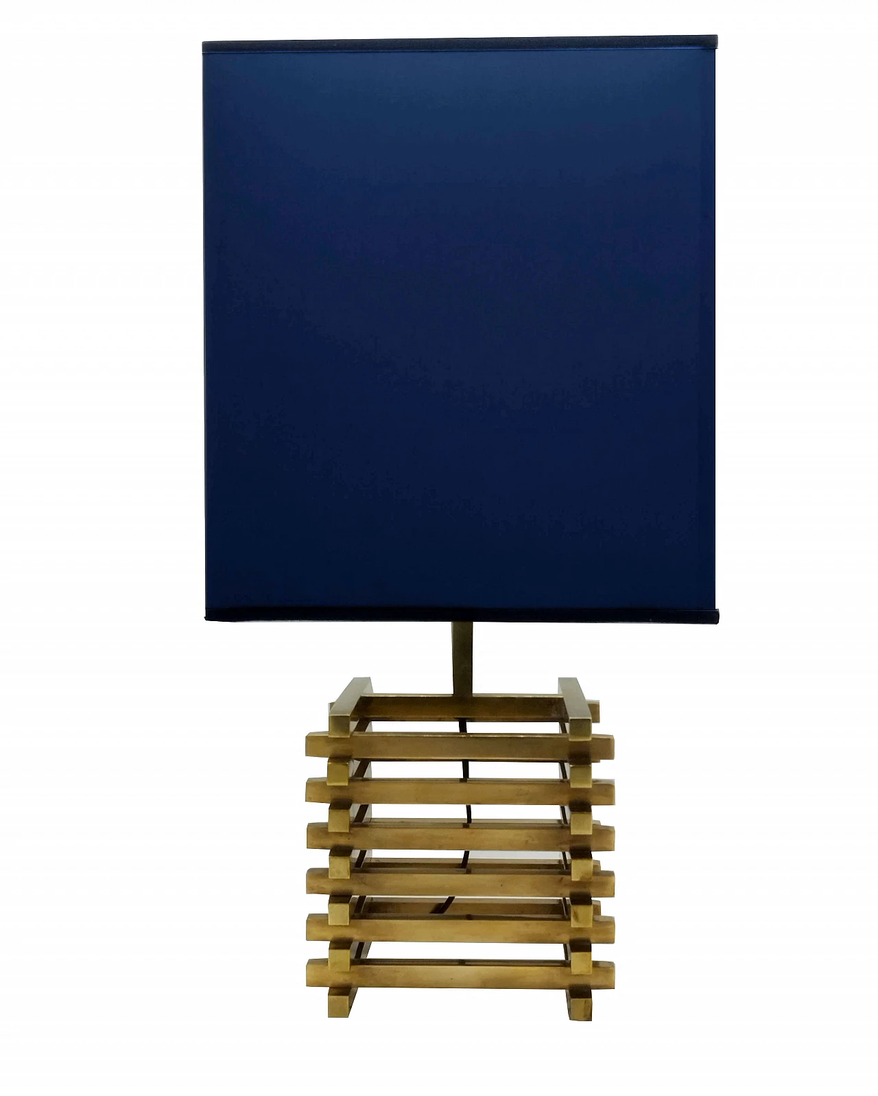 Brass and blue fabric table lamp by Romeo Rega, 1970s 1