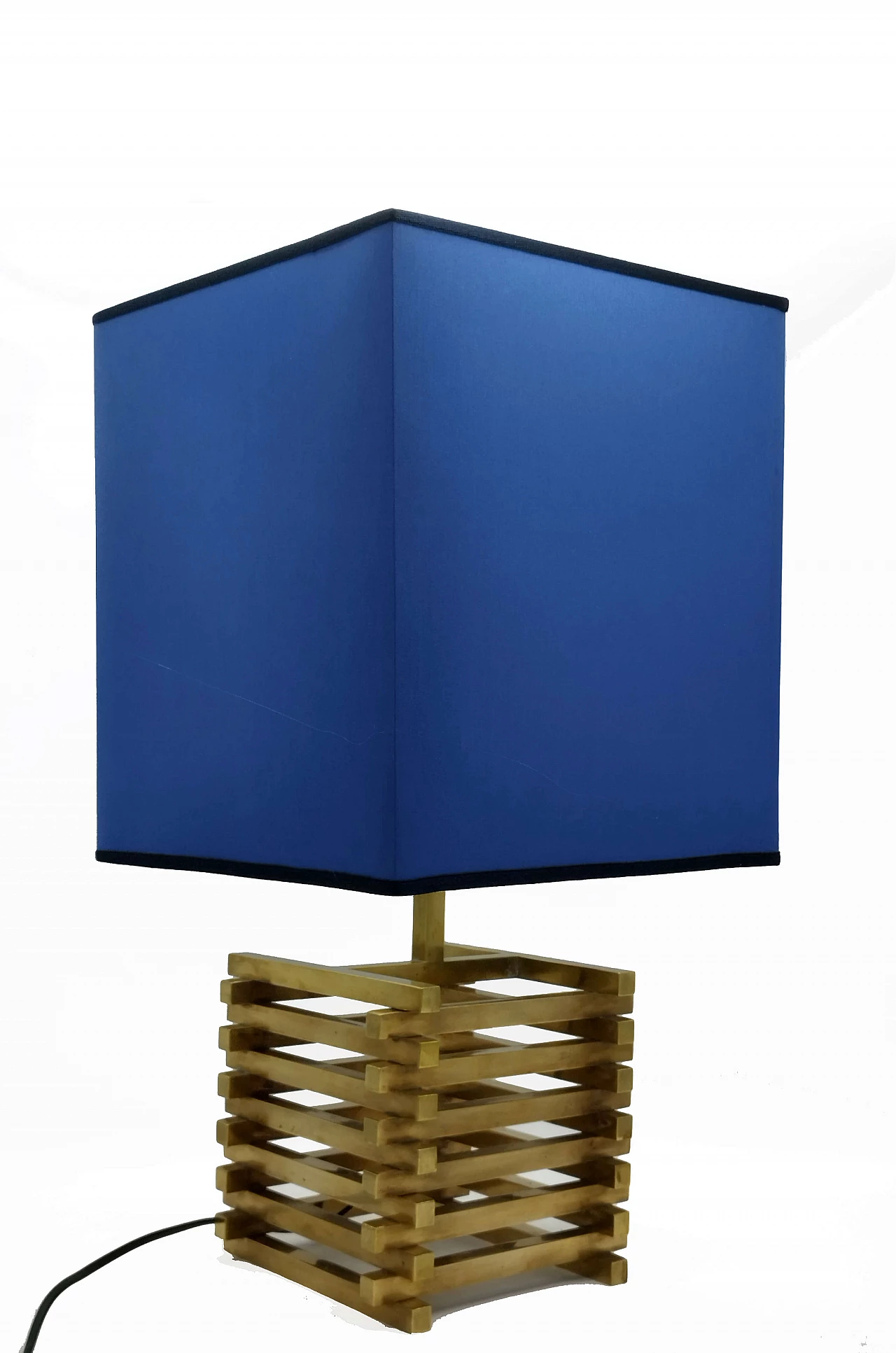 Brass and blue fabric table lamp by Romeo Rega, 1970s 3