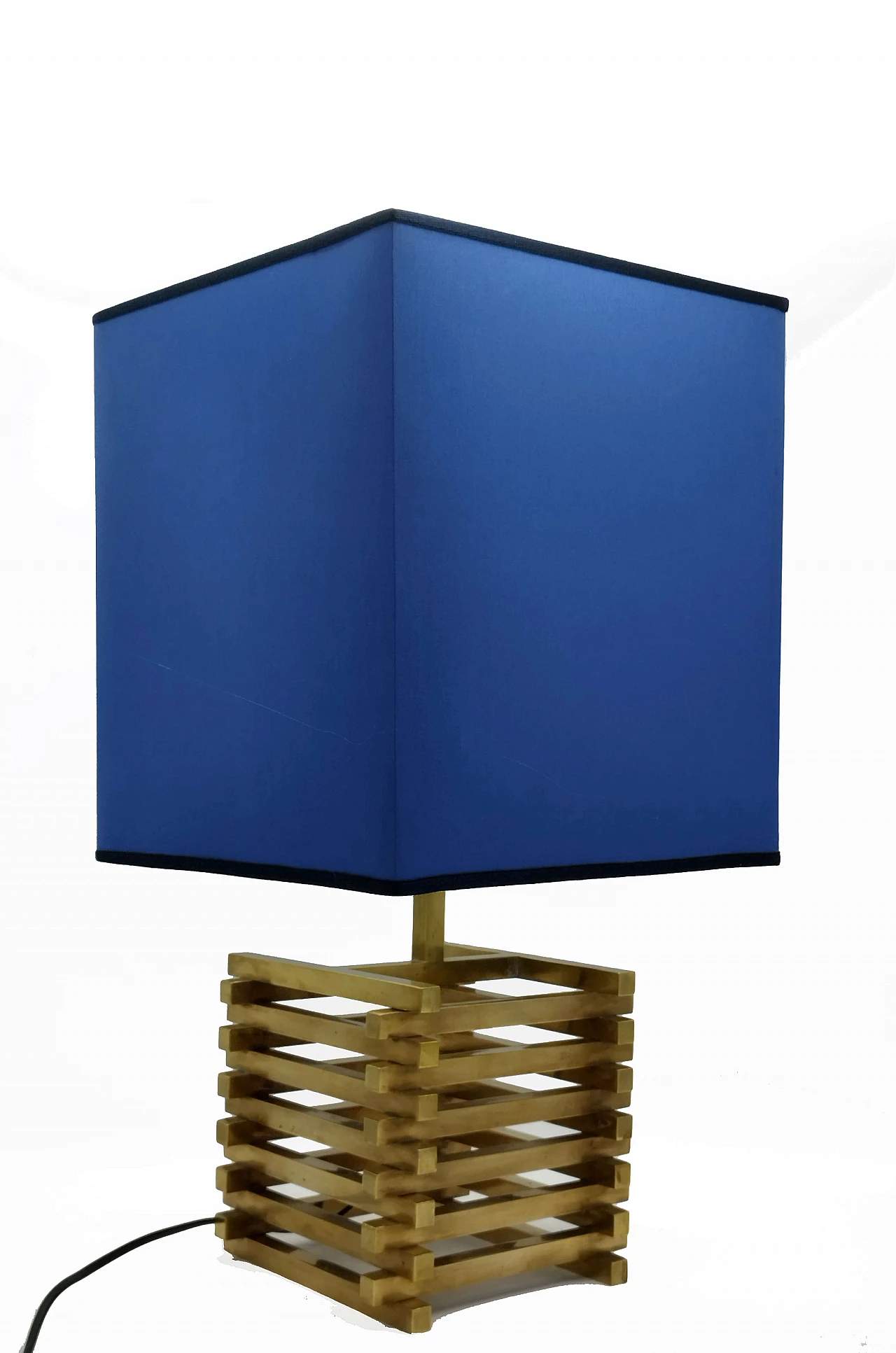 Lampada da tavolo in ottone e tessuto blu di Romeo Rega, anni '70 3