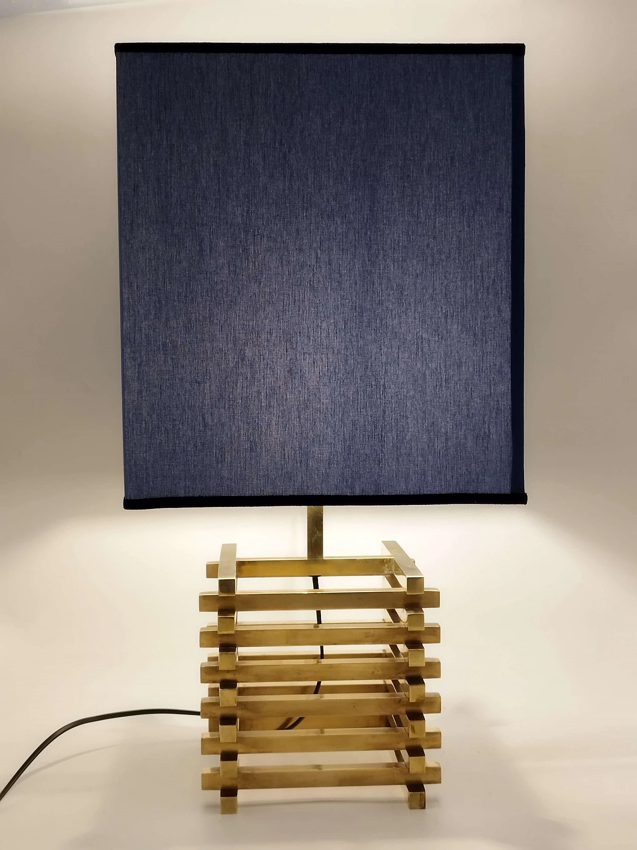Brass and blue fabric table lamp by Romeo Rega, 1970s 4