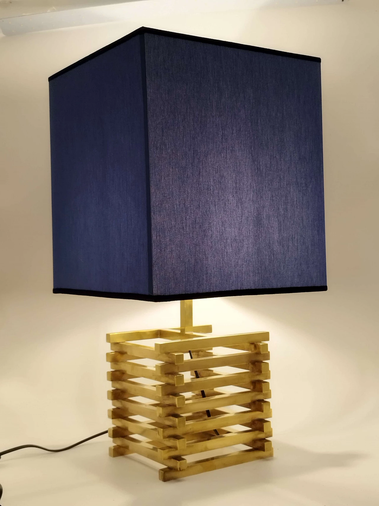 Brass and blue fabric table lamp by Romeo Rega, 1970s 5