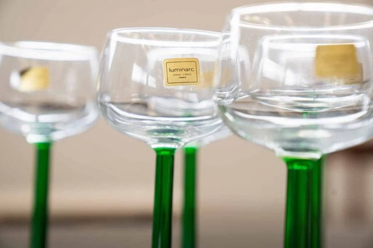 6 Bicchieri in vetro trasparente e verde di Luminarc, anni '70 2