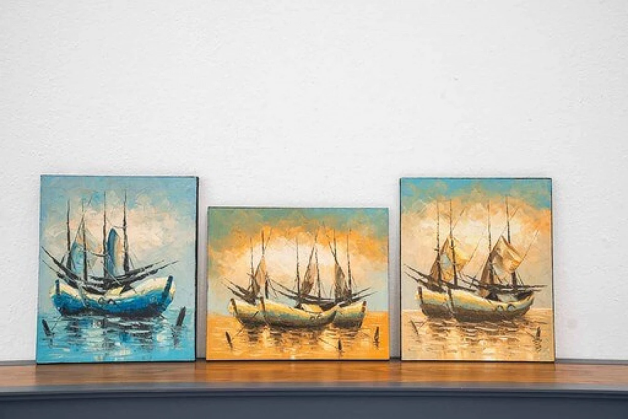 3 Dipinti ad acrilico su tela di barche a vela, anni 2000 1