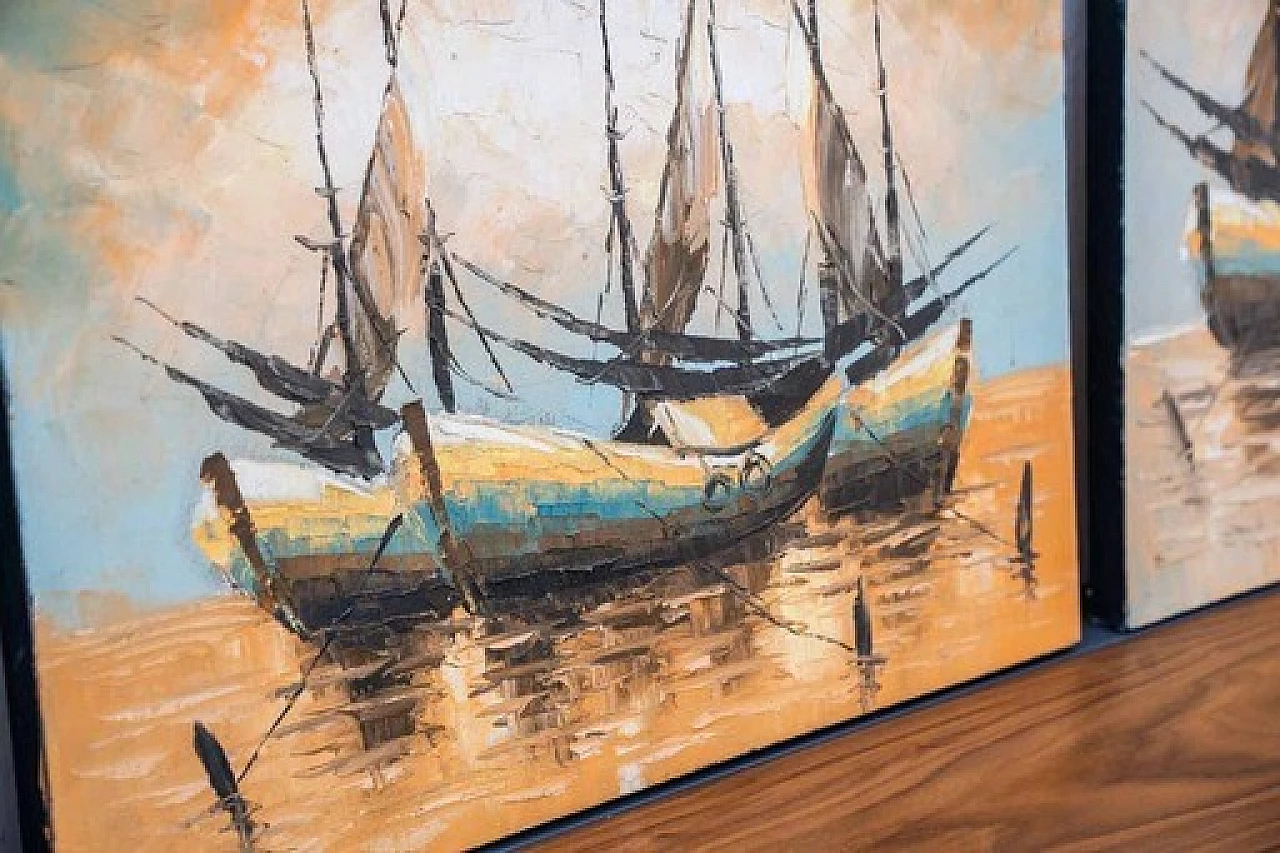 3 Dipinti ad acrilico su tela di barche a vela, anni 2000 2