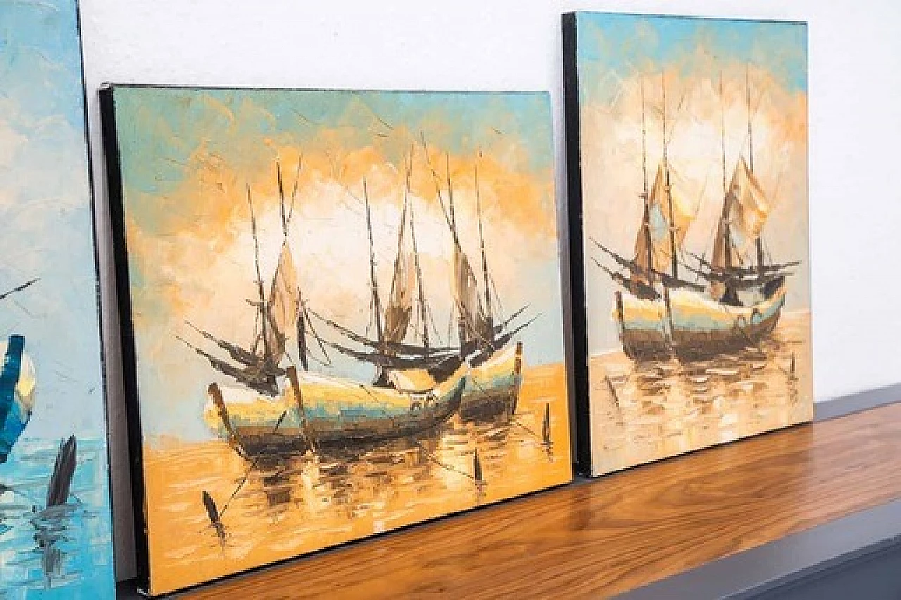 3 Dipinti ad acrilico su tela di barche a vela, anni 2000 5
