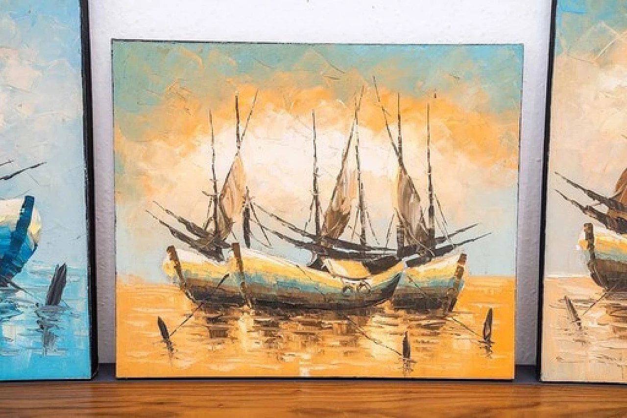 3 Dipinti ad acrilico su tela di barche a vela, anni 2000 8