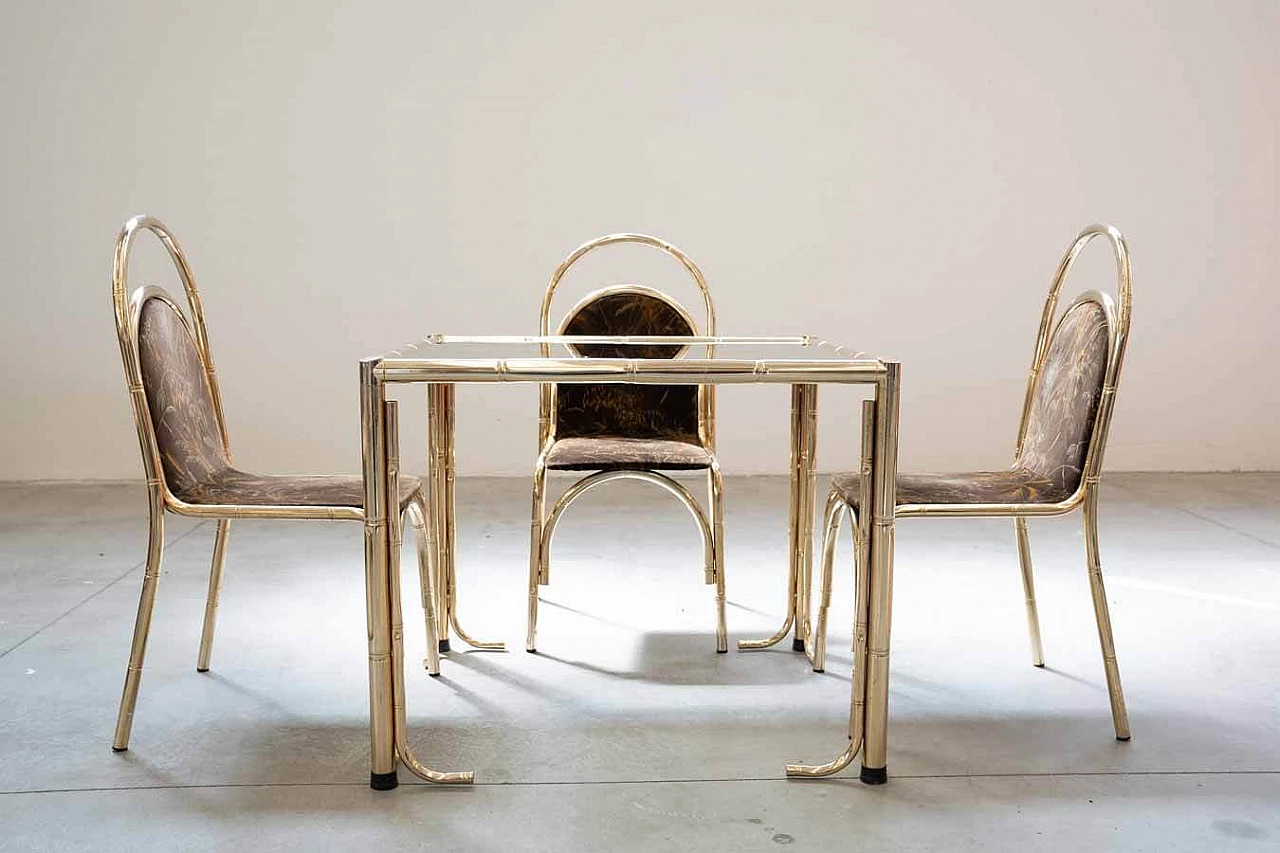 4 Sedie e tavolo in ferro dorato, vetro e tessuto floreale, anni '70 14