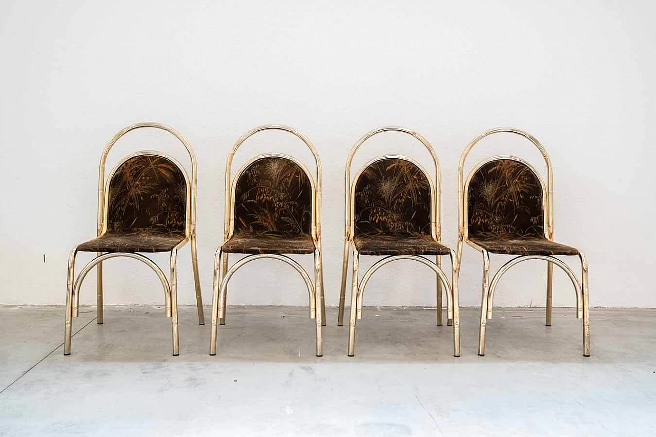 4 Chairs and table in gilded iron, glass and floral fabric, 1970s 19