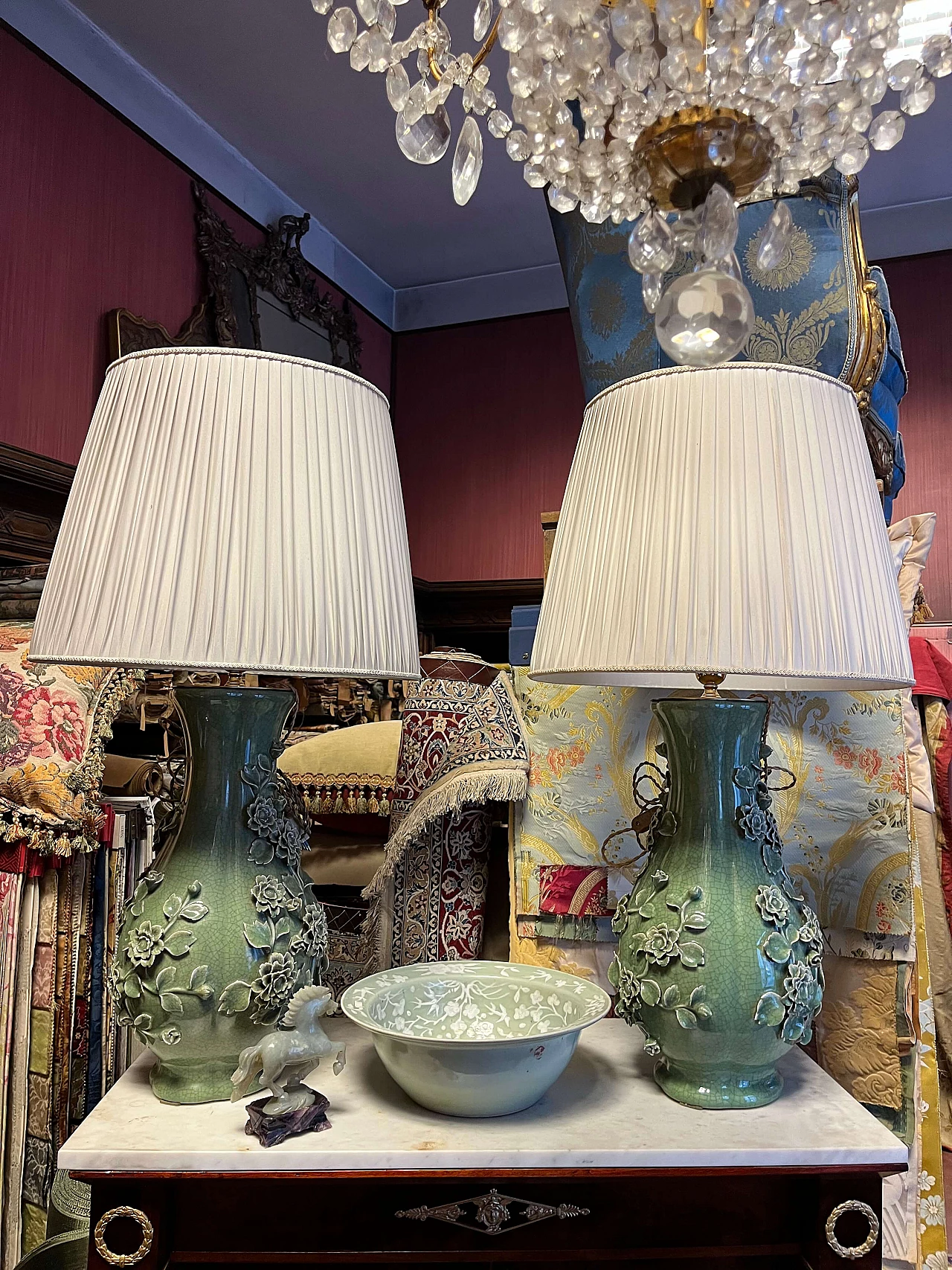 Pair of Celadon ceramic table lamps, 19th century 4
