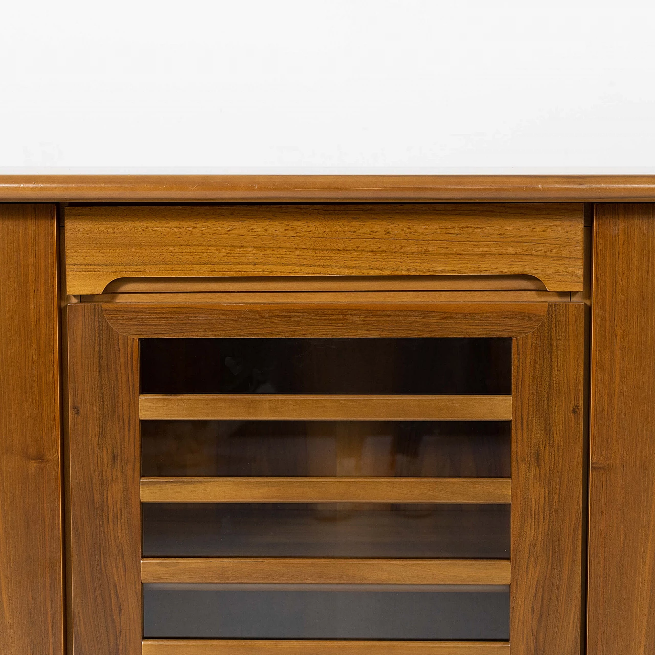 Low walnut sideboard with glass doors, 1970s 7