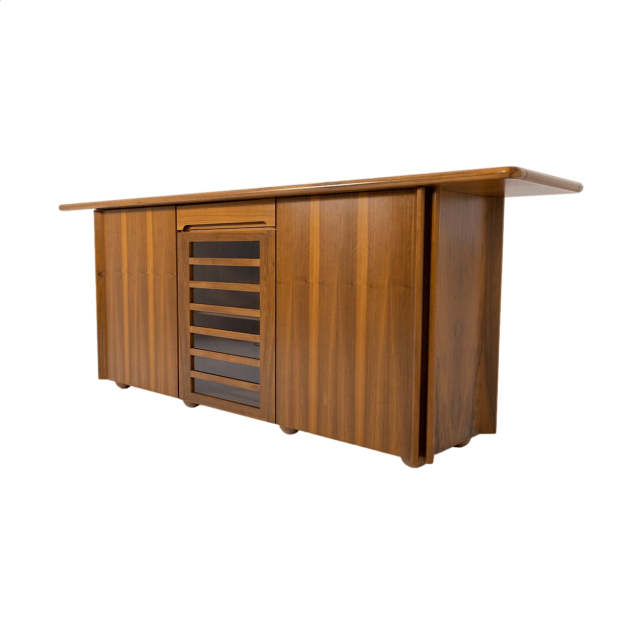 Low walnut sideboard with glass doors, 1970s 10