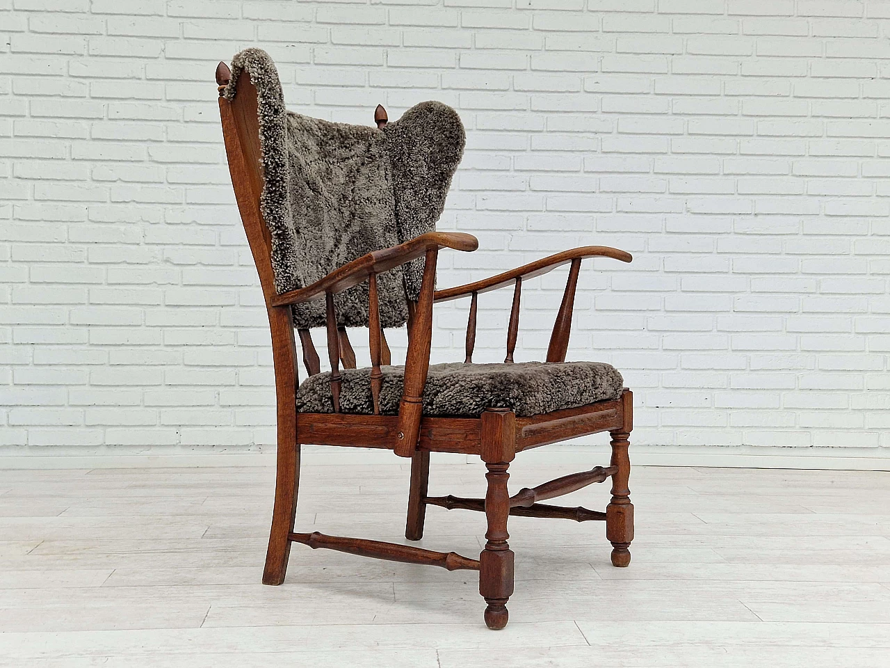 Danish oak and sheepskin armchair by Regan Århus, 1960s 3