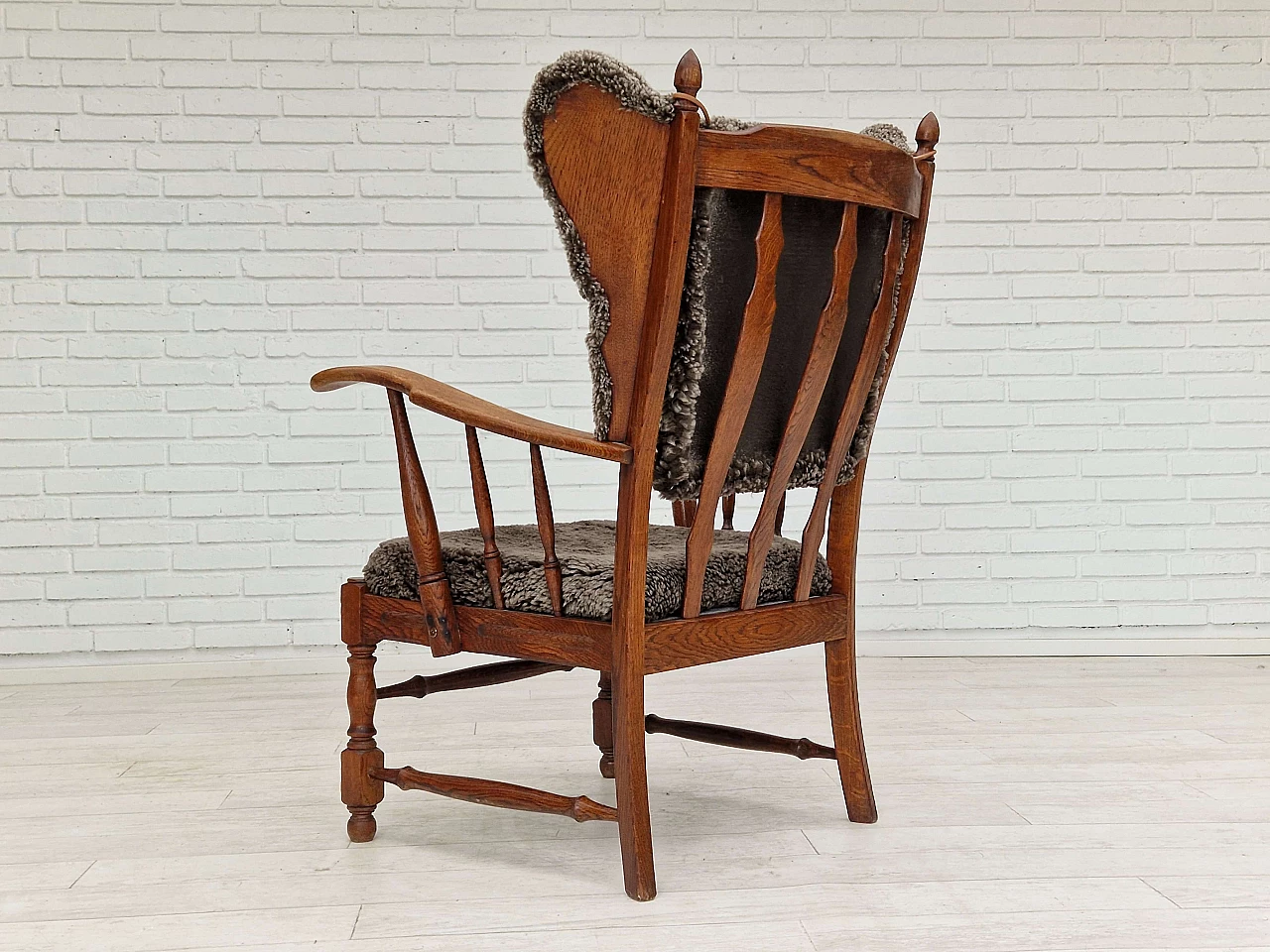 Danish oak and sheepskin armchair by Regan Århus, 1960s 9