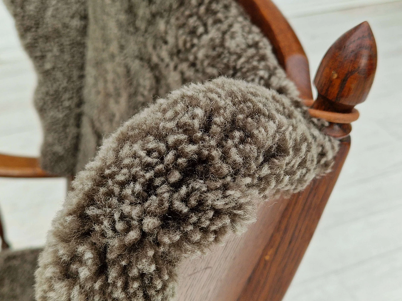 Danish oak and sheepskin armchair by Regan Århus, 1960s 11