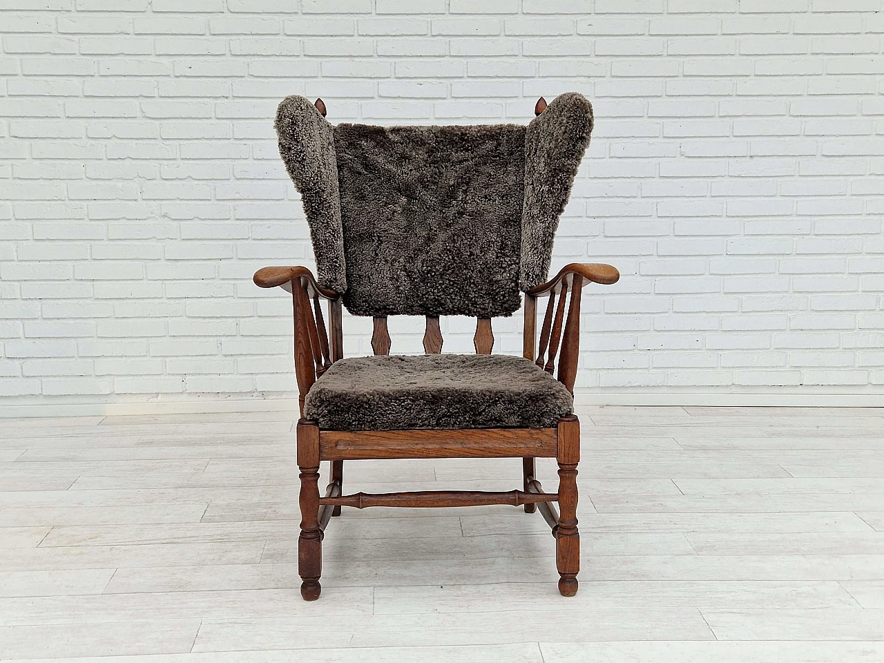 Danish oak and sheepskin armchair by Regan Århus, 1960s 12