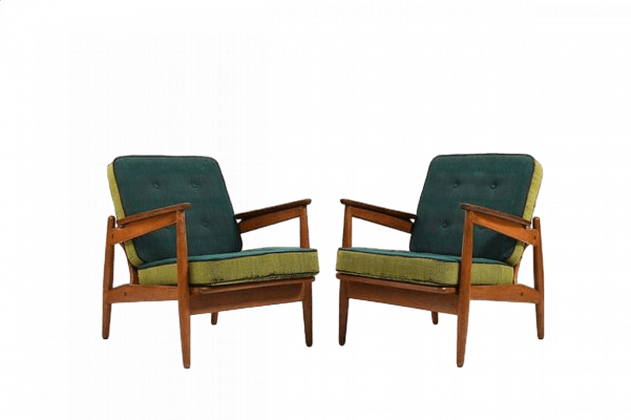 Pair of Danish oak, teak and fabric armchairs, 1950s 14