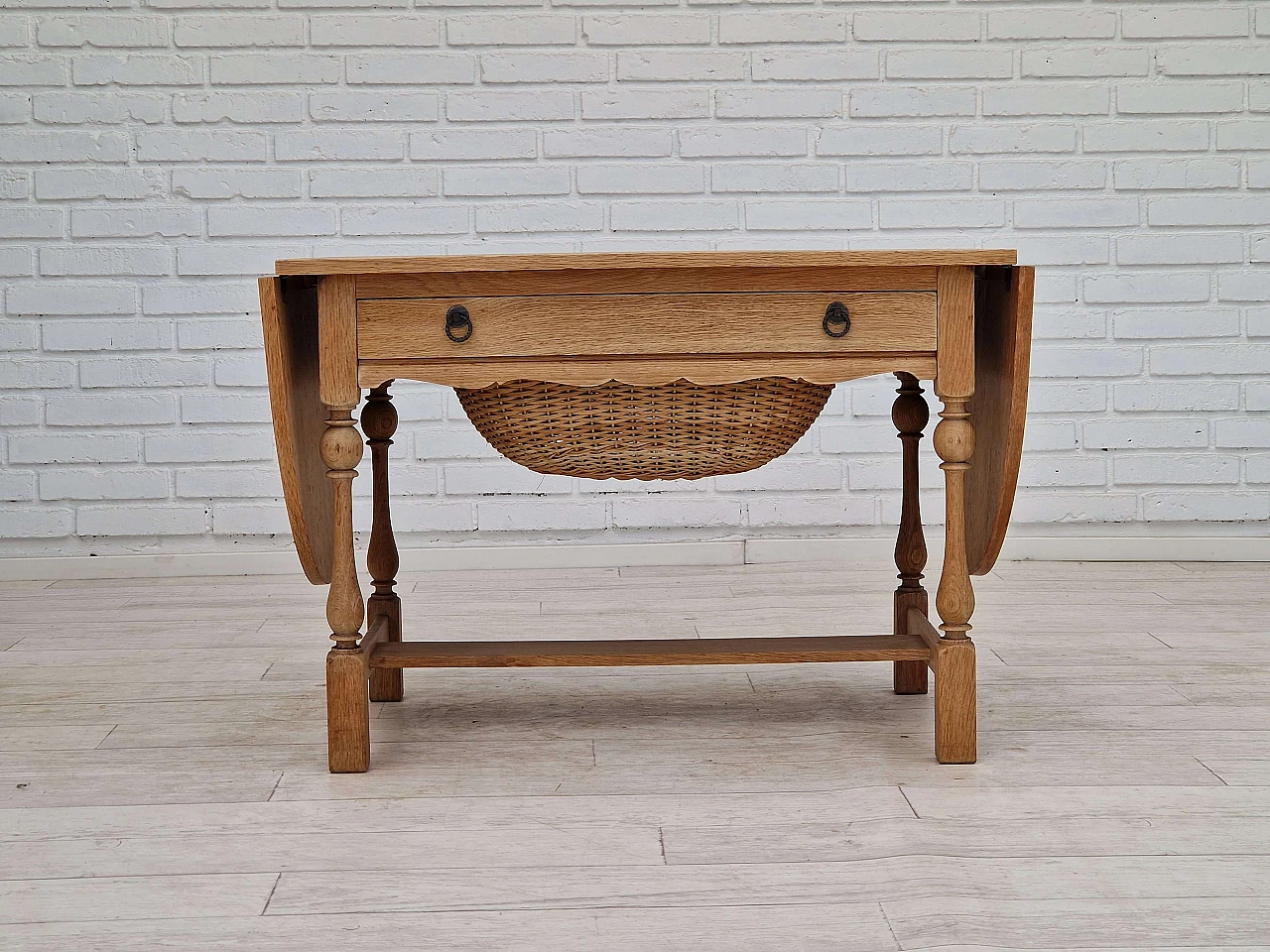 Danish oak and rattan folding sewing table, 1970s 1