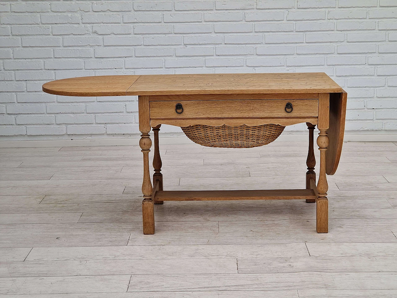 Danish oak and rattan folding sewing table, 1970s 2