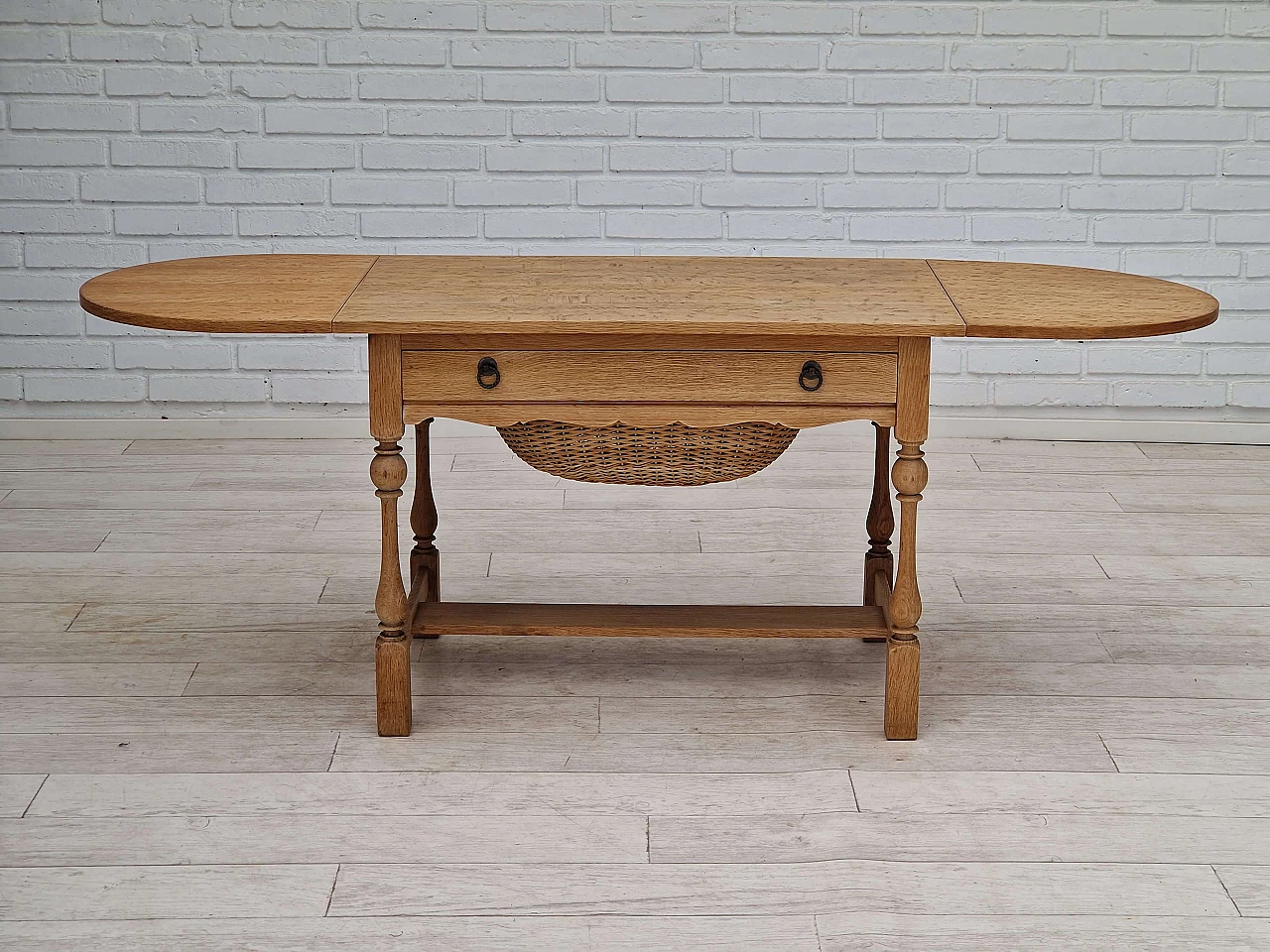 Danish oak and rattan folding sewing table, 1970s 3
