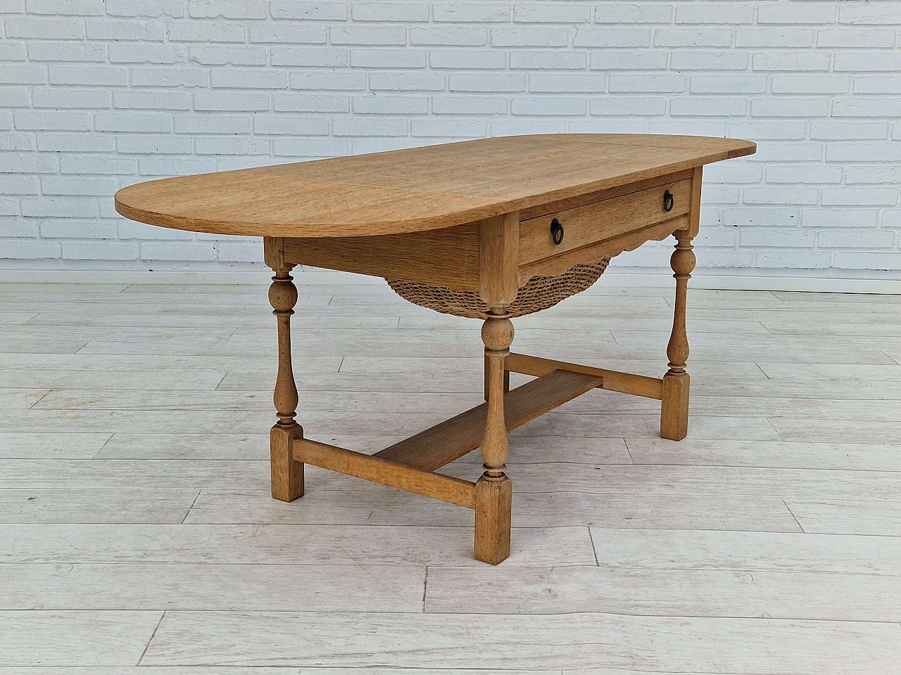 Danish oak and rattan folding sewing table, 1970s 12