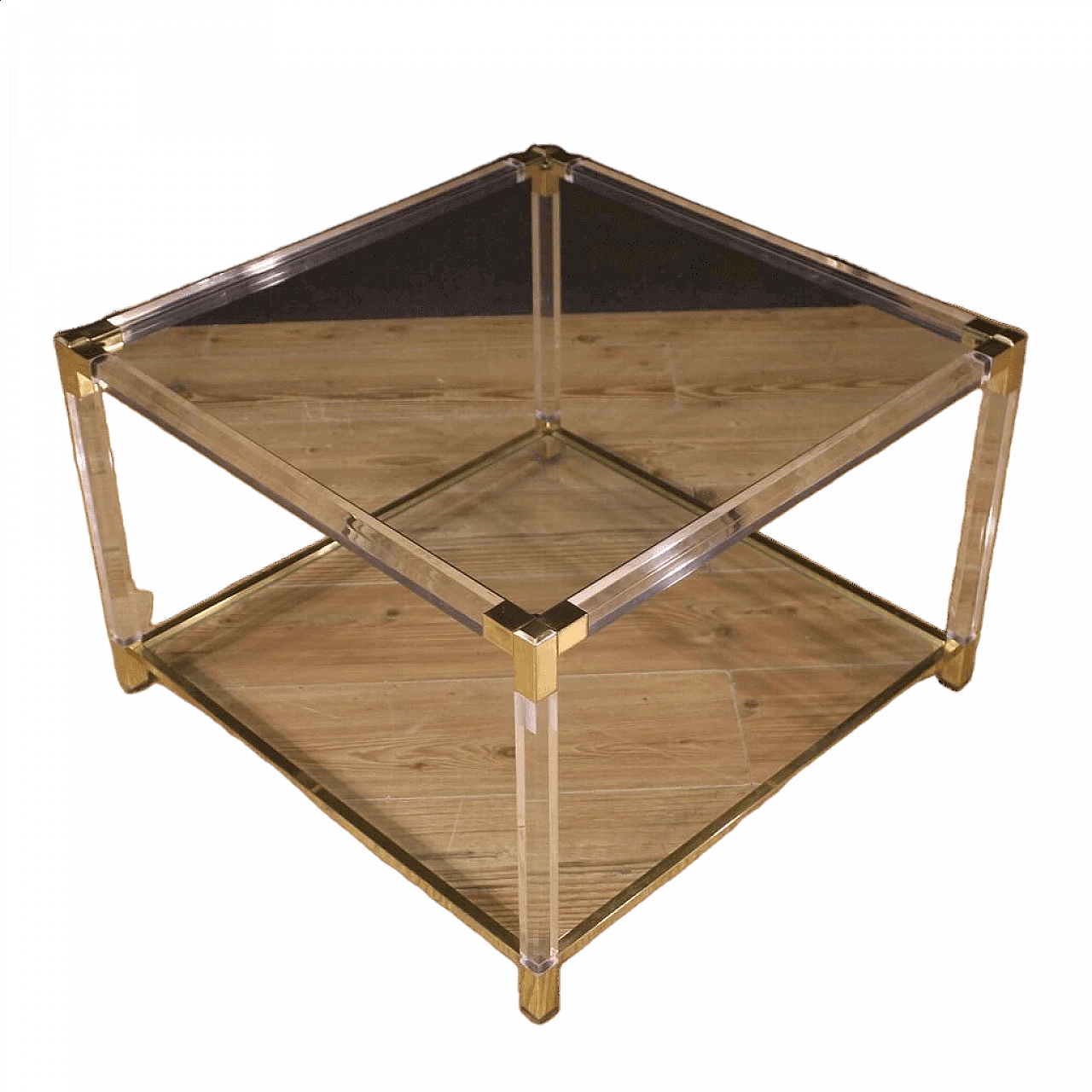 Tavolino da salotto in plexiglass, vetro e metallo dorato, anni '80 14