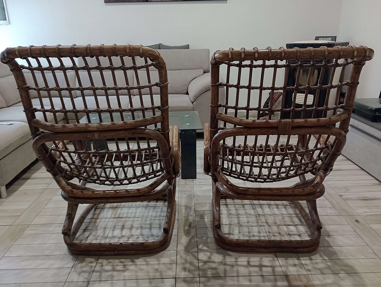 Pair of wicker and bamboo armchairs attributed to Tito Agnoli for Ratti, 1960s 1