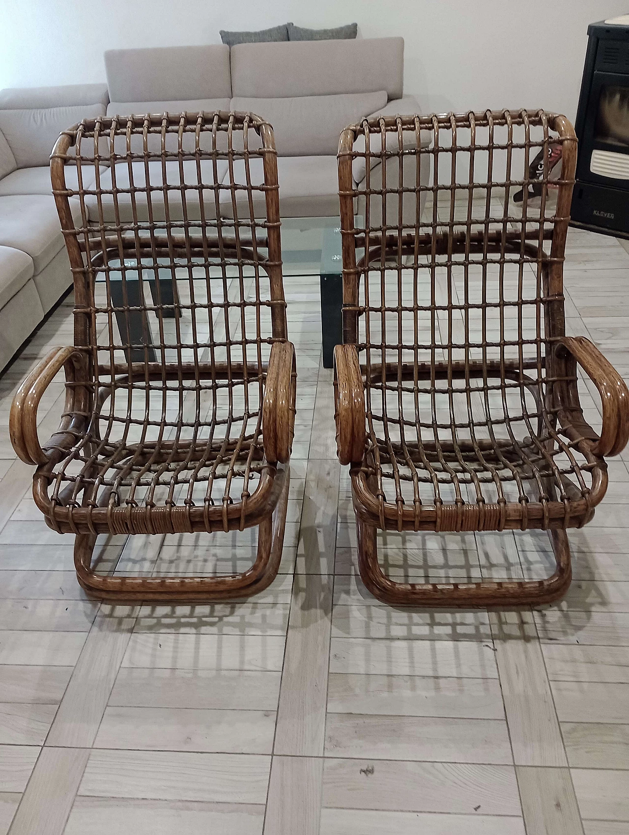 Pair of wicker and bamboo armchairs attributed to Tito Agnoli for Ratti, 1960s 2