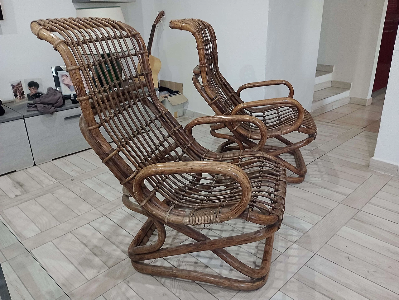 Pair of wicker and bamboo armchairs attributed to Tito Agnoli for Ratti, 1960s 3