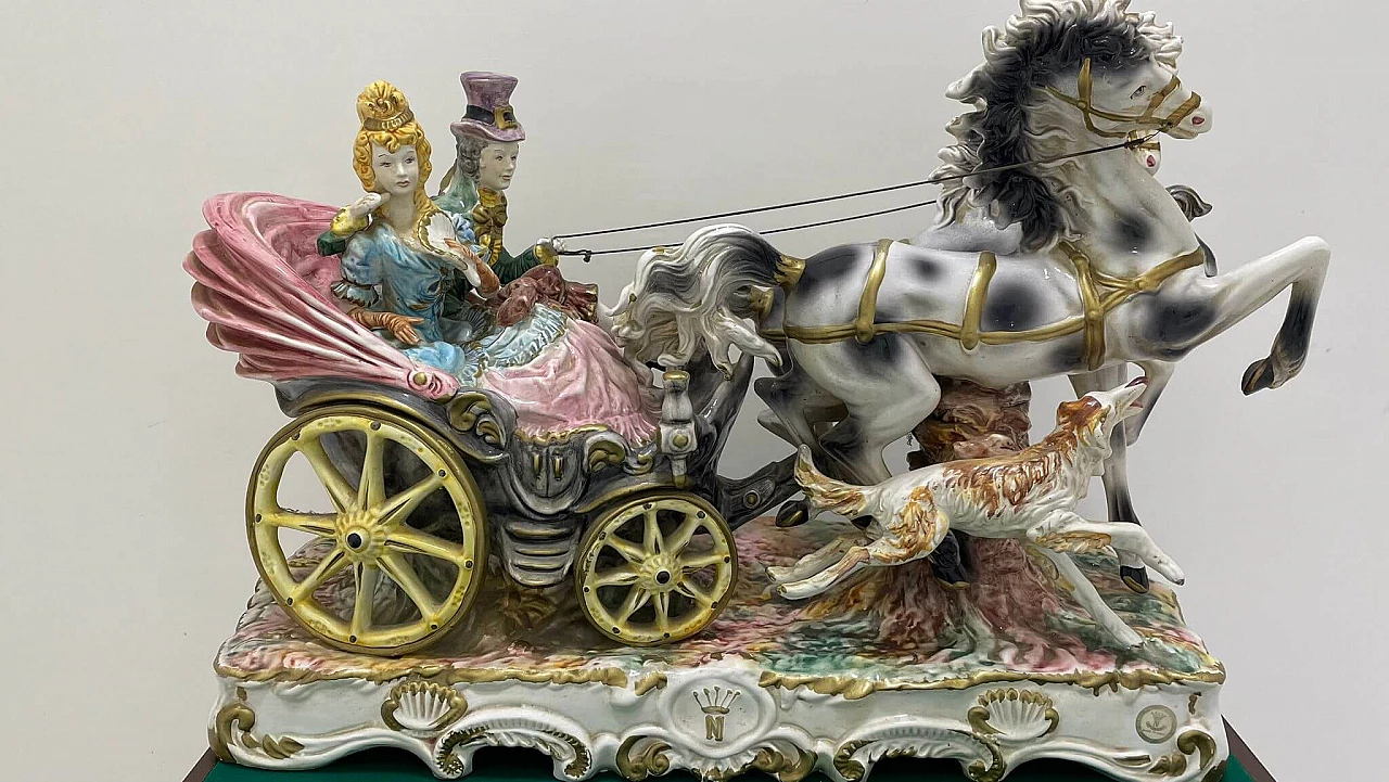 Capodimonte ceramic sculpture of couple in carriage, early 20th century 1