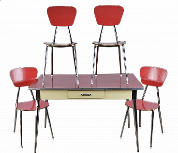 4 Sedie e tavolo in formica rossa con struttura in ferro, anni '70