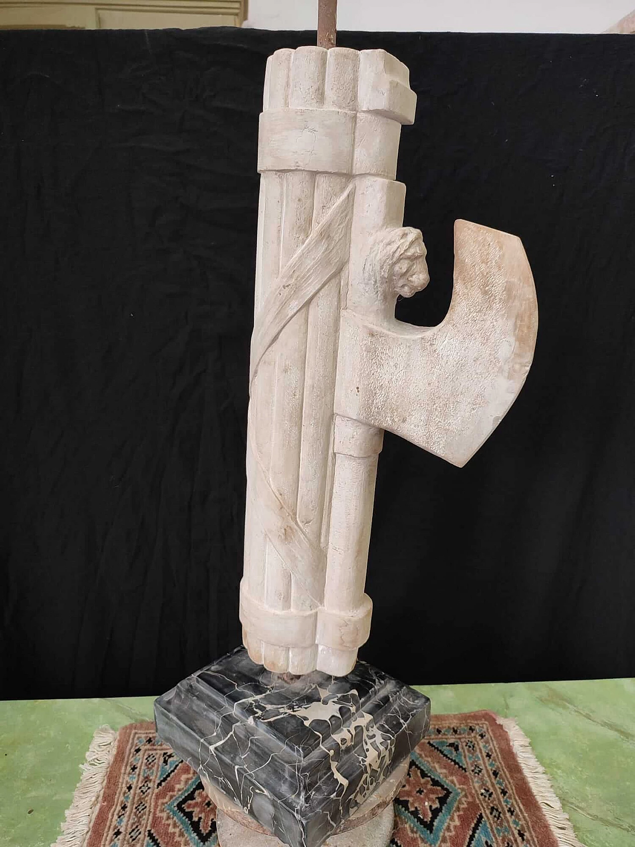 Stone fasces sculpture with Portoro black marble base 1