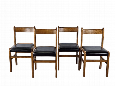 4 Sedie in faggio con seduta in pelle nera, anni '70