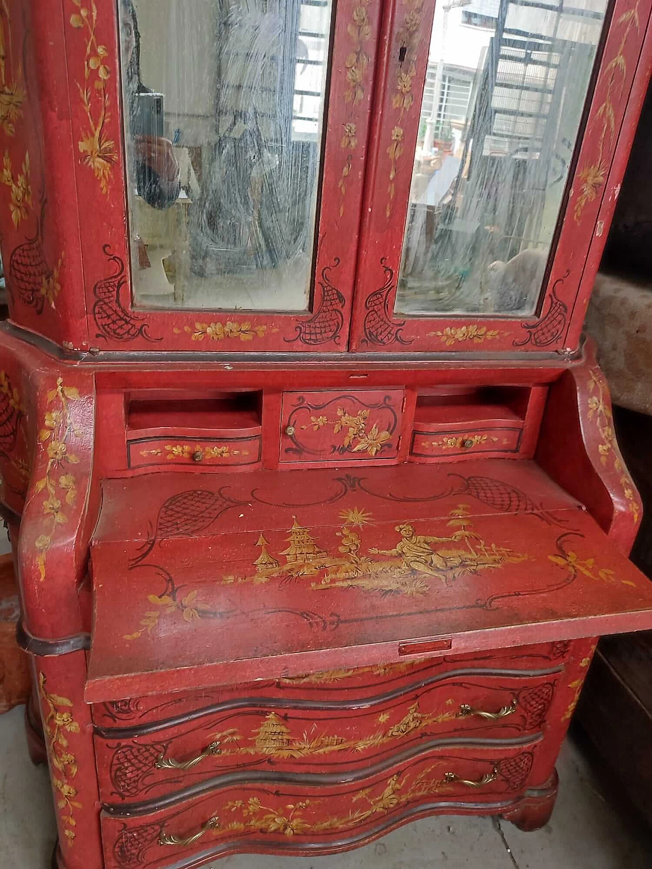 Red lacquered wood trumeau with chinoiserie, early 20th century 10