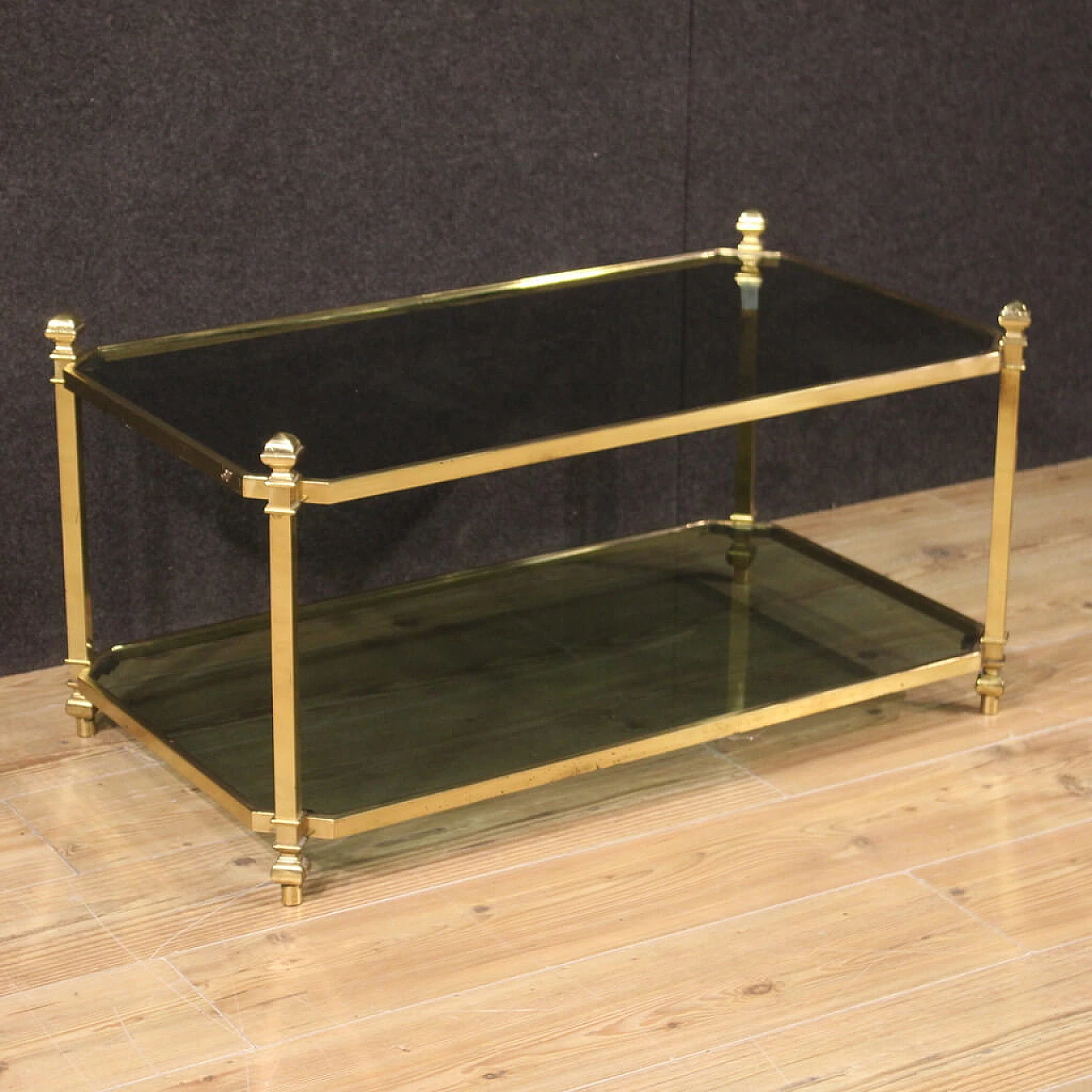 Coffee table in gilded metal with matt glass tops, 1970s 1