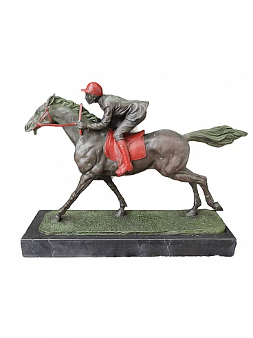 Painted bronze jockey on horseback sculpture, early 20th century