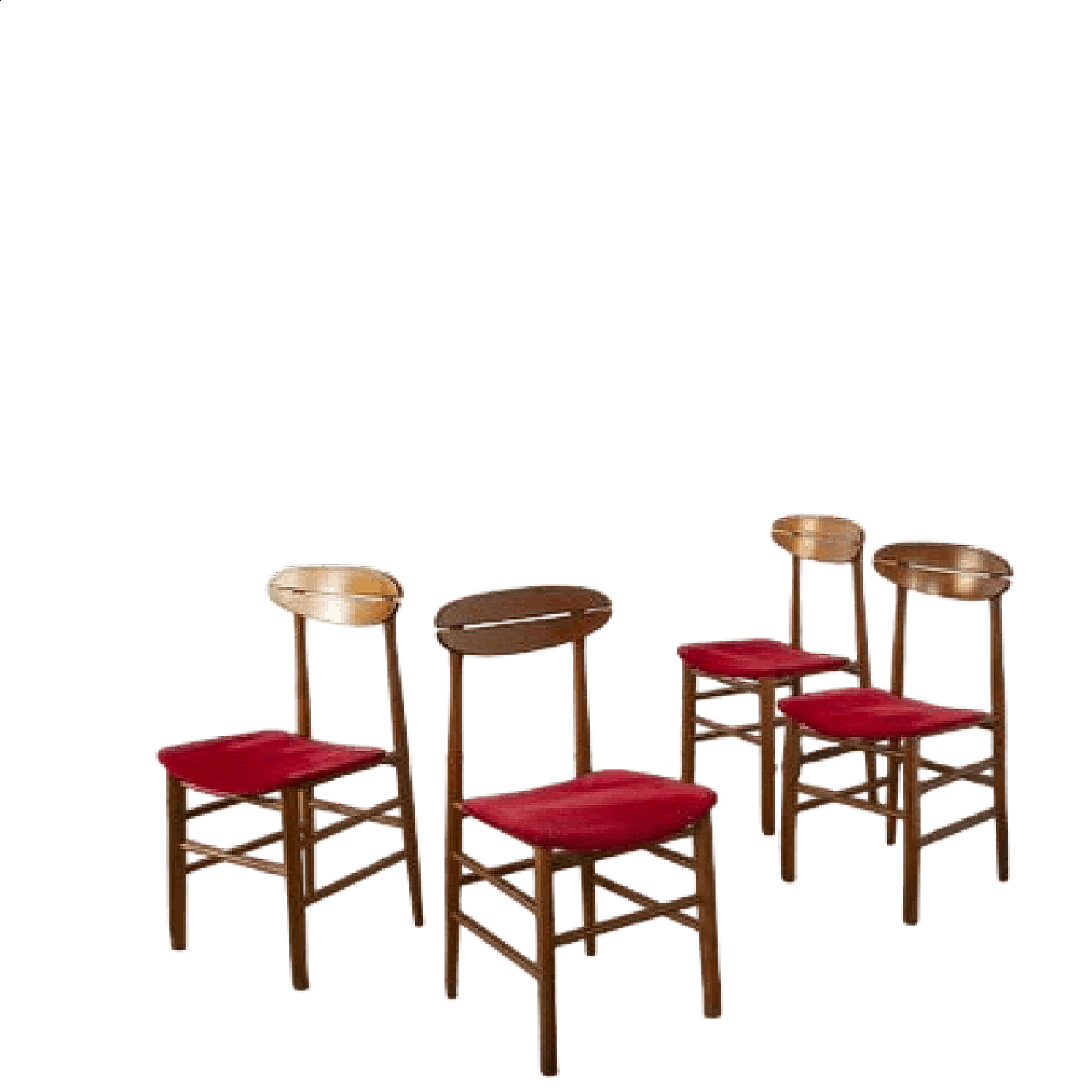 4 Scandinavian wooden chairs with red fabric seat, 1960s 9