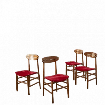 4 Scandinavian wooden chairs with red fabric seat, 1960s