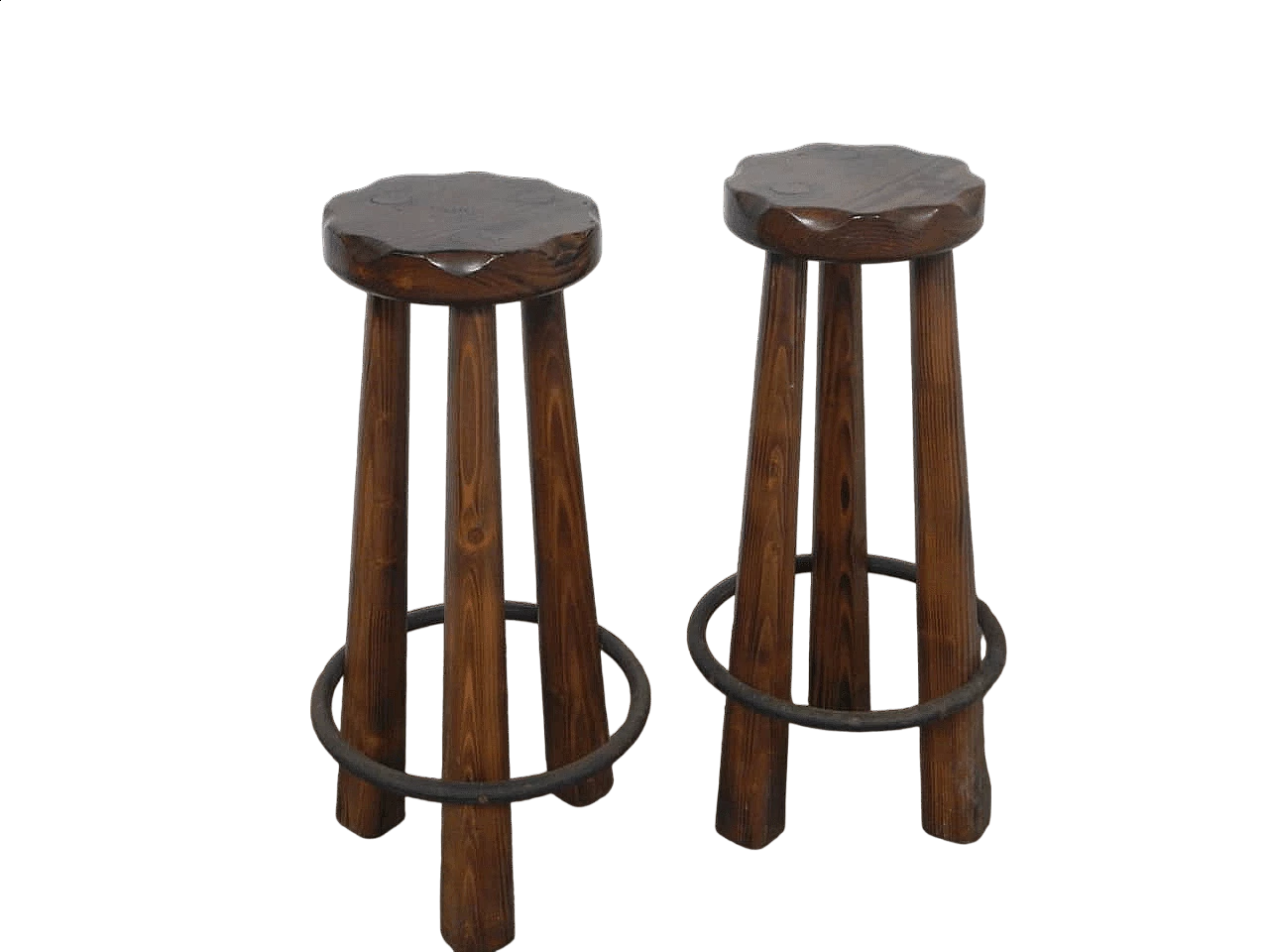 Pair of rustic spruce stools with metal footrests, 1980s 10