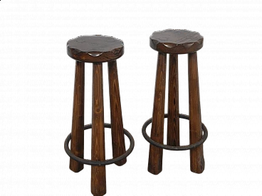 Pair of rustic spruce stools with metal footrests, 1980s