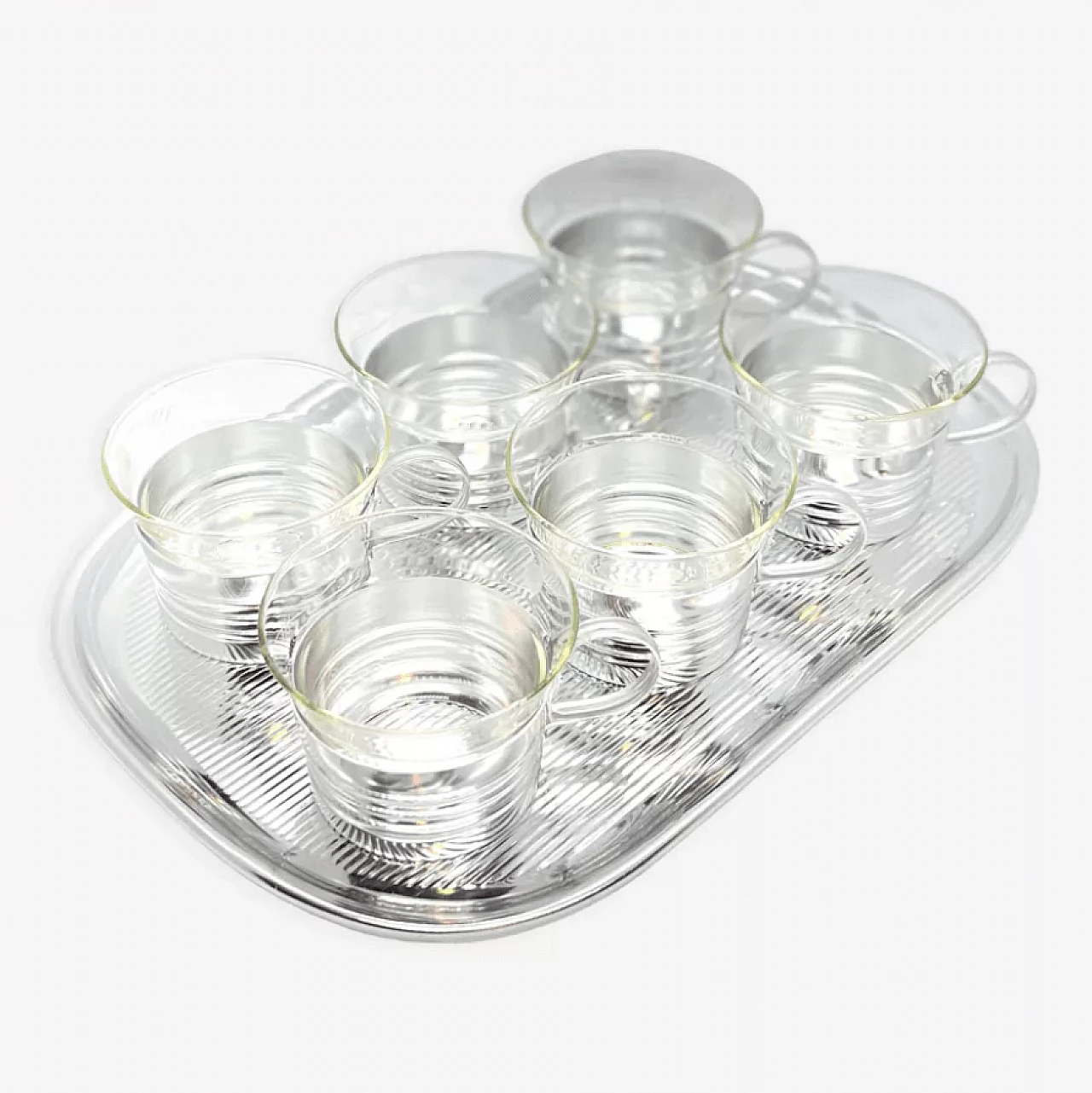 Aluminium tray with 6 glass beakers, 1970s 1