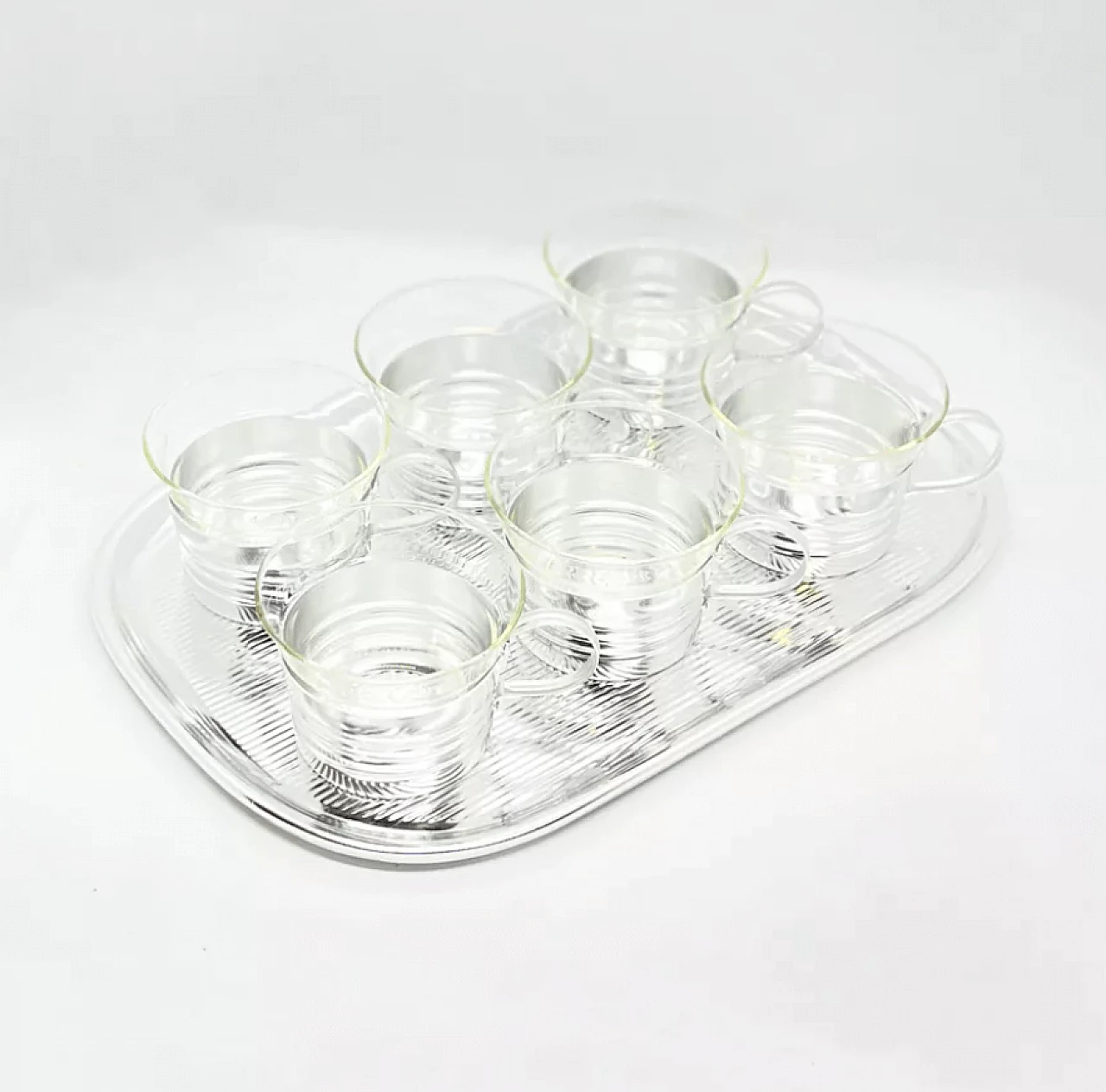 Aluminium tray with 6 glass beakers, 1970s 4