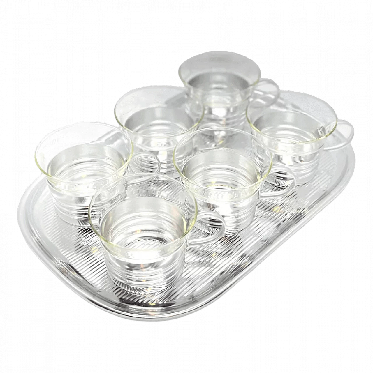 Vassoio in alluminio con 6 bicchieri in vetro, anni '70 8