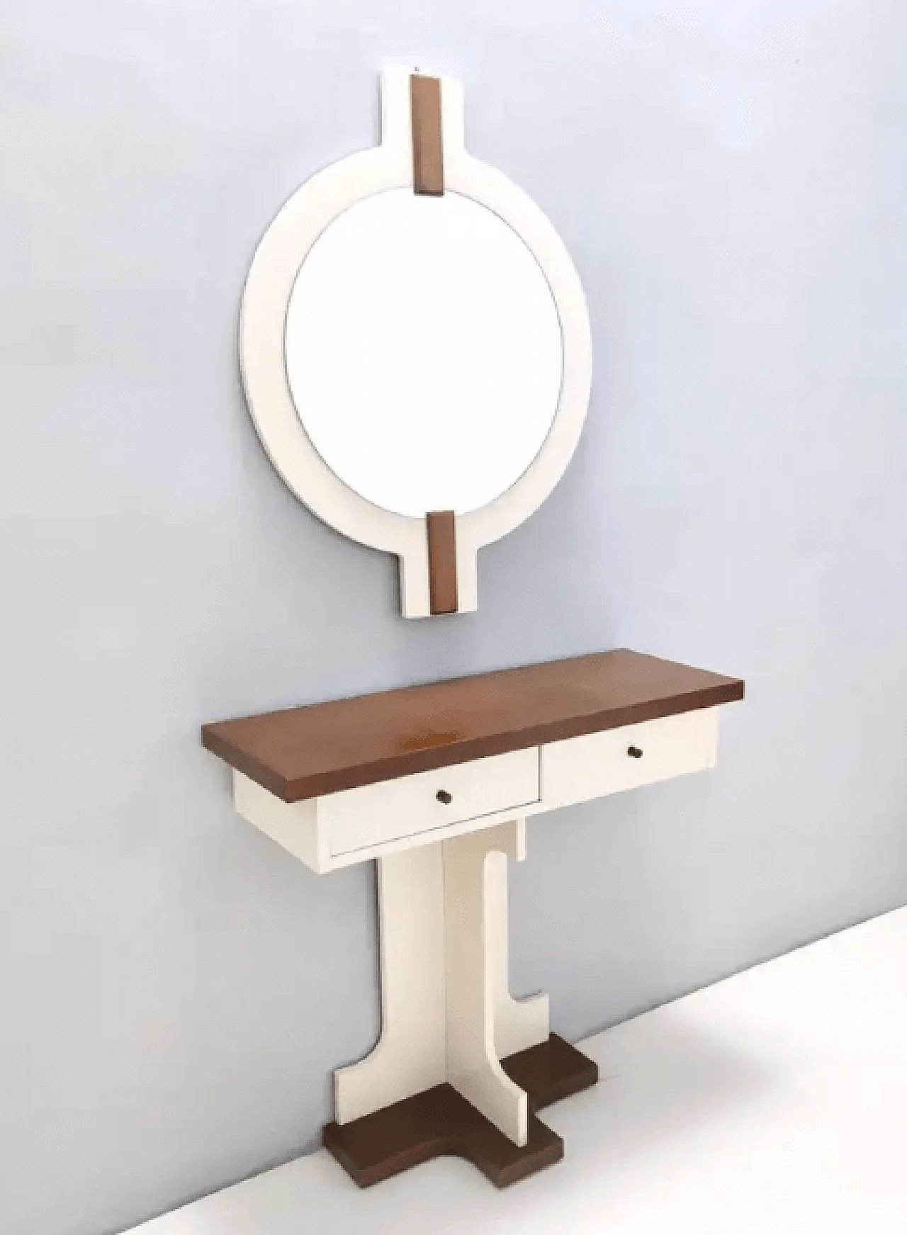 Specchio da parete e console in noce con parti laccate avorio, anni '70 4