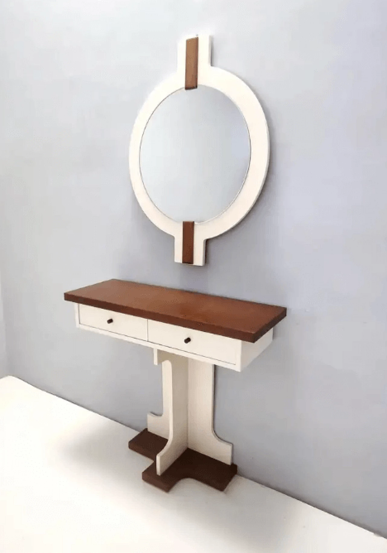 Specchio da parete e console in noce con parti laccate avorio, anni '70 5