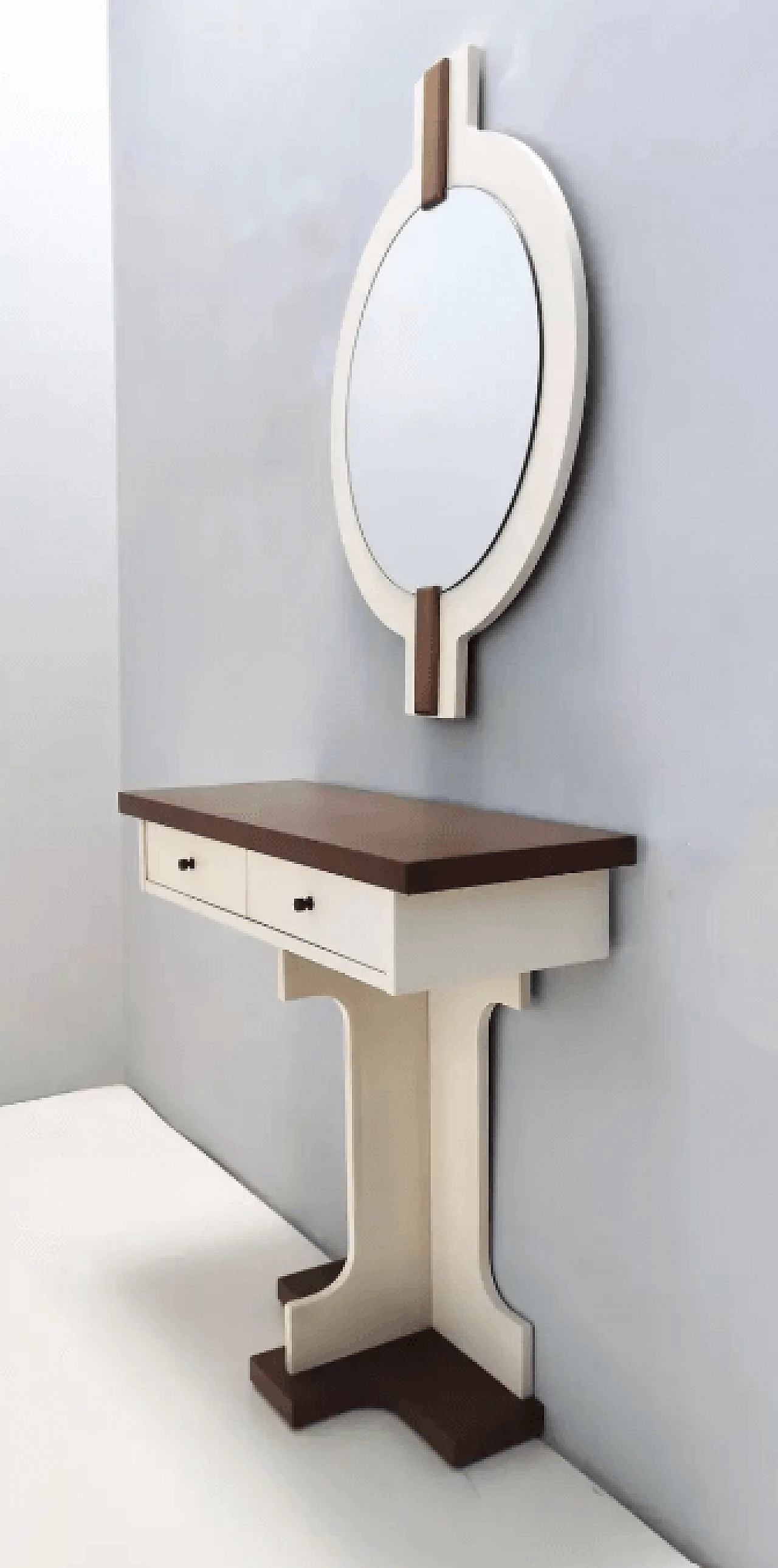 Specchio da parete e console in noce con parti laccate avorio, anni '70 6