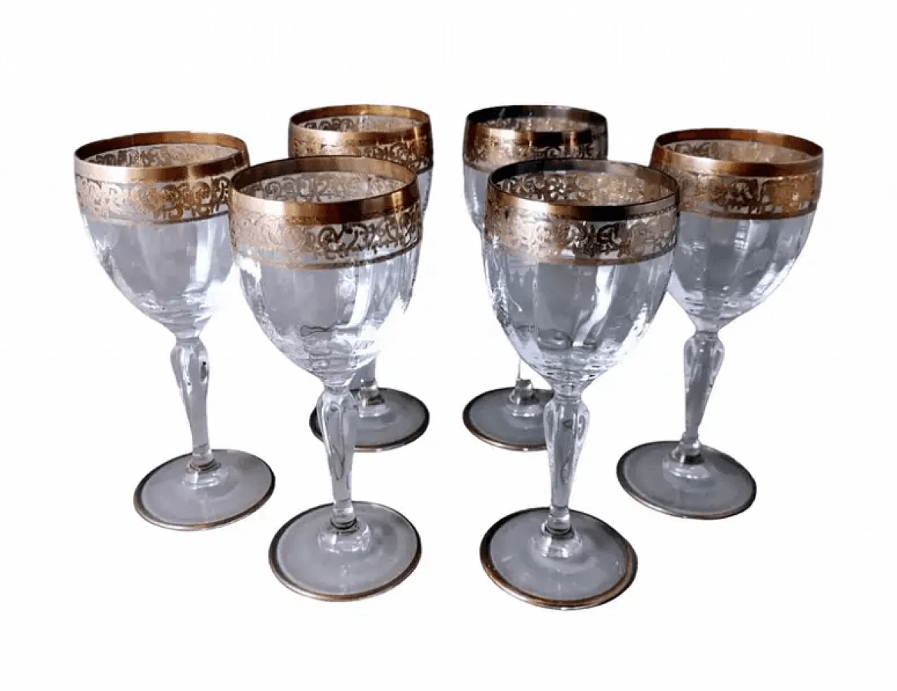 6 Transparent blown glass goblets with gilded rim in Louis XVI style, 1970s 1
