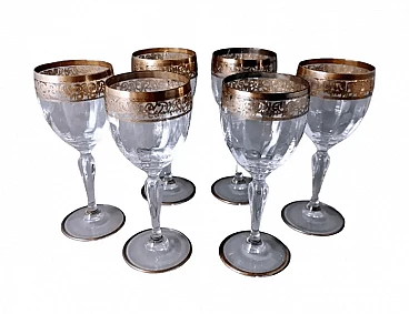 6 Transparent blown glass goblets with gilded rim in Louis XVI style, 1970s