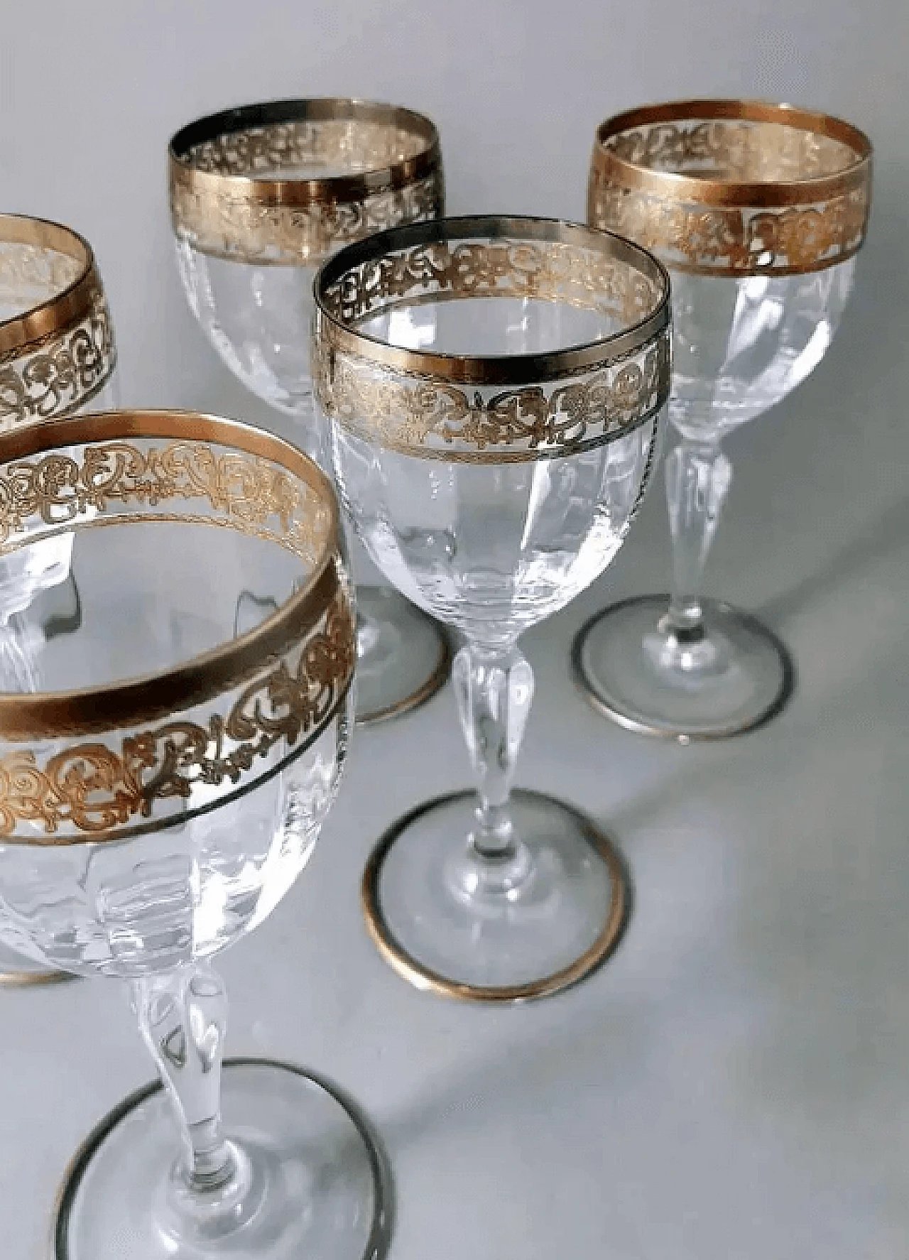 6 Transparent blown glass goblets with gilded rim in Louis XVI style, 1970s 7