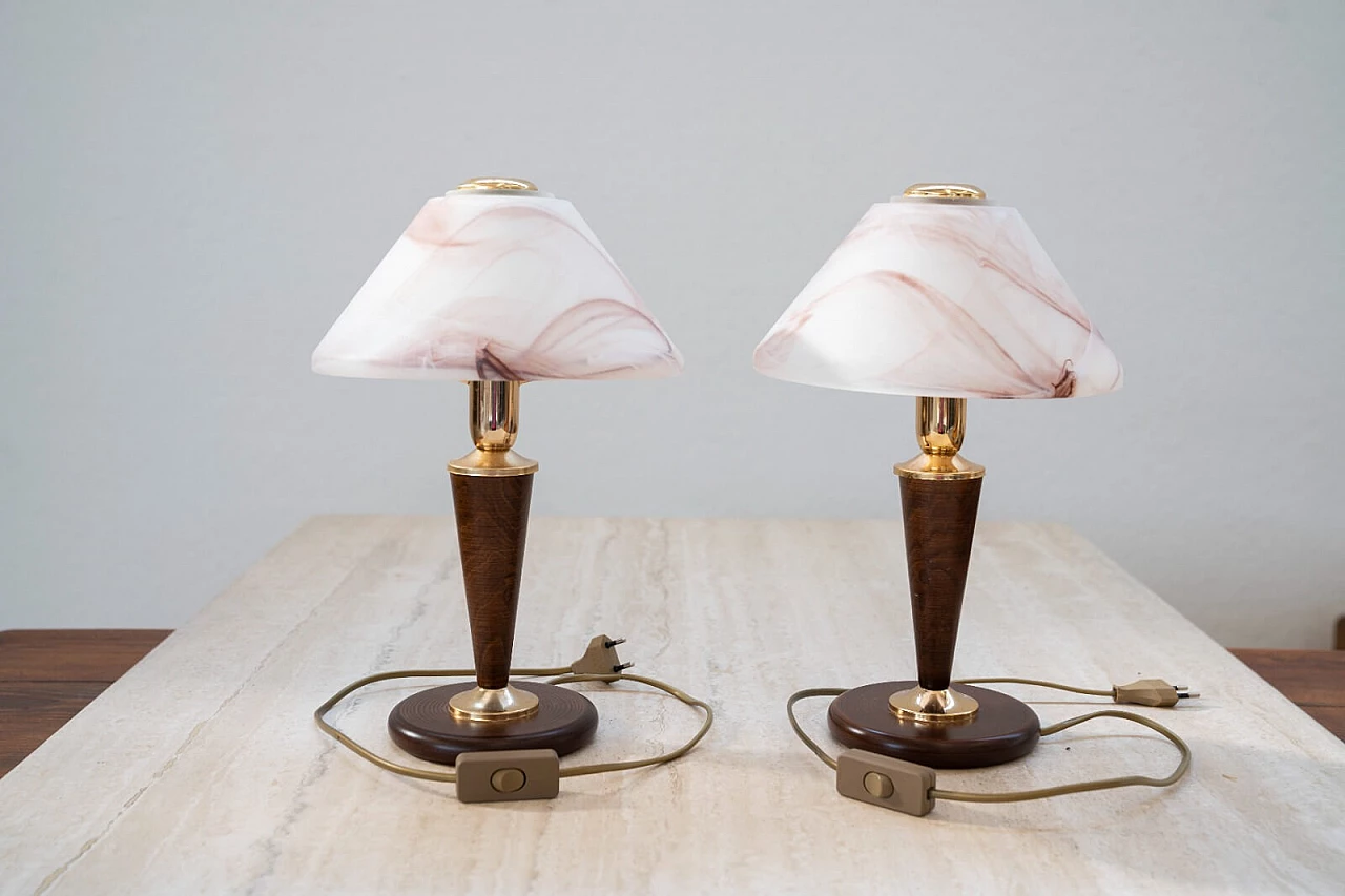 Coppia di lampade da tavolo in legno, vetro di Murano e metallo, anni '70 6